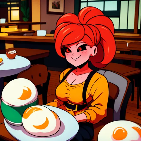 masterpiece, best quality, FMAJIN, (tiny breasts), Windbreaker ,Low waist pants, happy, sitting on a chair at a restaurant with a table in front of her with ((fried eggs)), (red headband), medium hair, red eyes, arms at sides, from the front