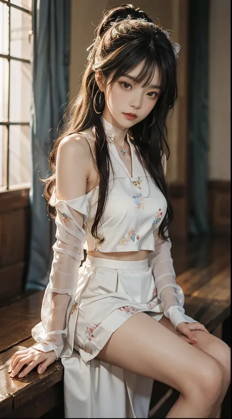 Chinese style，((cowboy shot)), Shot from a random perspective, brown  hair，Chinese outfit, Tang Feng Hanfu, (((white  skirt, Floral))), cropped shoulders, high-heels，inside in room, Sit Pose, sofe, posing elegantly, Flirting skirts, slender leg, Delicate f...