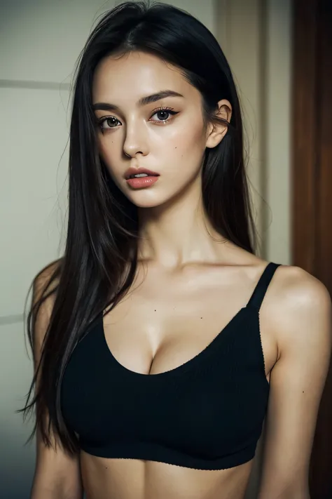 russian woman in a black bra top posing for a picture, 30 years old, sexy face, jaw dropping beauty, portrait sophie mudd, 21 years old, she is wearing a black tank top, jaw-dropping beauty, 2 2 years old, sexy gaze, 1 6 years old, looking hot, sexy look a...