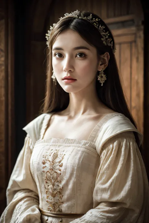 Cinematic portrait, ((upper body)), facing the audience, (Reality :1.3), the worlds most beautiful artwork photo, a woman looking into the camera, European medieval court dress, gorgeous, soft gauze, detailed beautiful face, action shooting, (intricate :1....