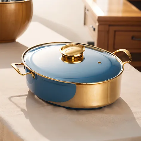 Blue steamer with gold lid on kitchen table, cover with tablecloth. Center composition