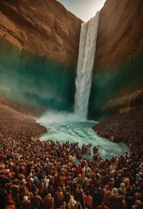 The Exodus of Moses、600,000 people and huge walls of water on both sides.、A large crowd passes between walls of water