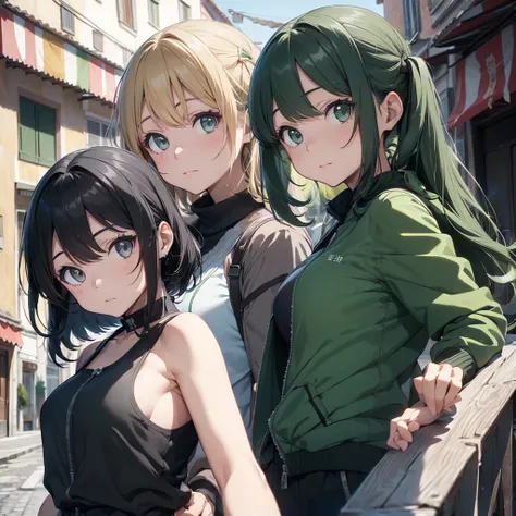 Italian girl anime version (Kraft, um den Wind zu kontrollieren, lila Augen und hellbraunes, mittleres Haar, green and black sleeveless clothing and jacket in Italy)