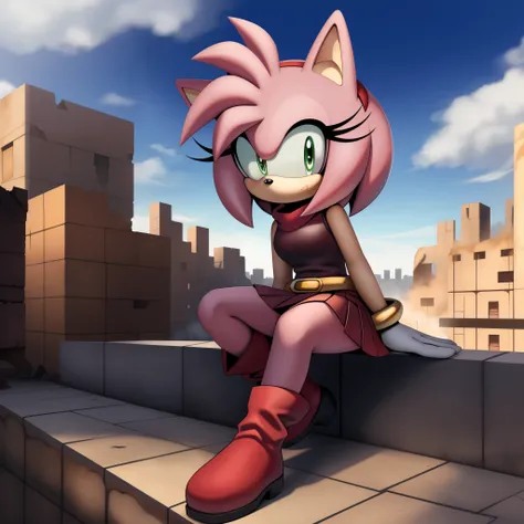 (masterpiece best quality:1.2), amy rose, 1girl, looking at viewer, stoic, medium hair, city ruins background, dark red fingerless gloves, red top with white stripe on center, dark grey body suit, gold belt, dark red skirt, full body, dark red hairband, da...