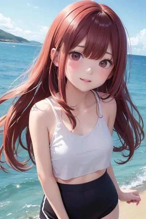 （masutepiece、８K、An ultra-high picture quality、ultra-quality、high detal、realisitic、realphoto、Photorealsitic、超A high resolution）Detailed cute girl、18year old、((frolicking in the sea on the coast)))、Tight-fitting tank top、half-pants、Facial Focus、red blush、cpa...