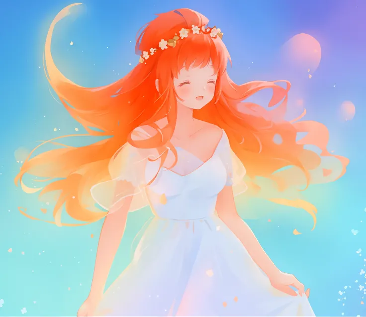 beautiful girl in sparkling white ballgown, puffy flowing ballgown, sheer fluttering sleeves, glowing ballgown, long red gold hair, colorful fantasia background, delicate crown of white flowers on her head, watercolor illustration, glowing lights, beautifu...