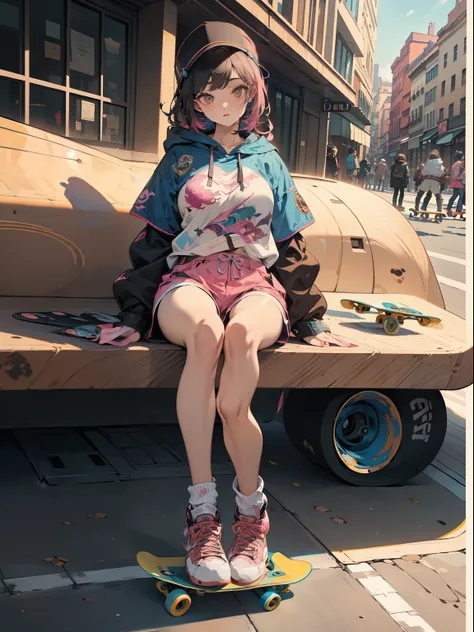 tmasterpiece, Best quality, (Very detailed CG unified 8k wallpaper) (Best quality), (Best Best Illustration), The best shadow, (A girl who skateboards: 1.3), 13 year old, Cute big breasts, Chevoglis Court, Hooded, Sweet cool, Shiny details for the eyes, (C...