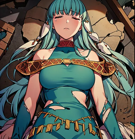 ninian is lovingly languid in a crater after losing a tough battle, lieing lifeless and inert on debris, rubble, and weapons wit...