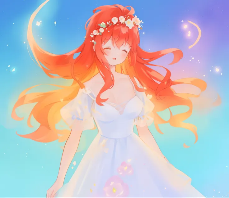 beautiful girl in sparkling white ballgown, puffy flowing ballgown, sheer fluttering sleeves, glowing ballgown, long red gold hair, colorful fantasia background, delicate crown of white flowers on her head, watercolor illustration, glowing lights, beautifu...