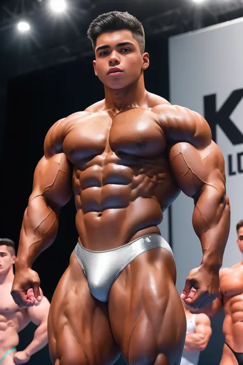 (Dark boy) A teen in the bodybuilding competition, on stage with others bodybuilders at his sides of 15 years old (Mexican ethnicity) wearing a tiny thong (metallic color: silver thong) tan skin massive muscular bodybuilder with extraordinary biceps pector...