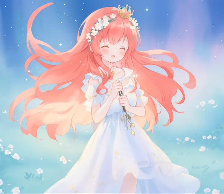 beautiful girl in sparkling white ballgown, puffy flowing ballgown, sheer fluttering sleeves, glowing ballgown, long red gold hair, colorful fantasia background, delicate crown of white flowers on her head, watercolor illustration, glowing lights, beautifu...