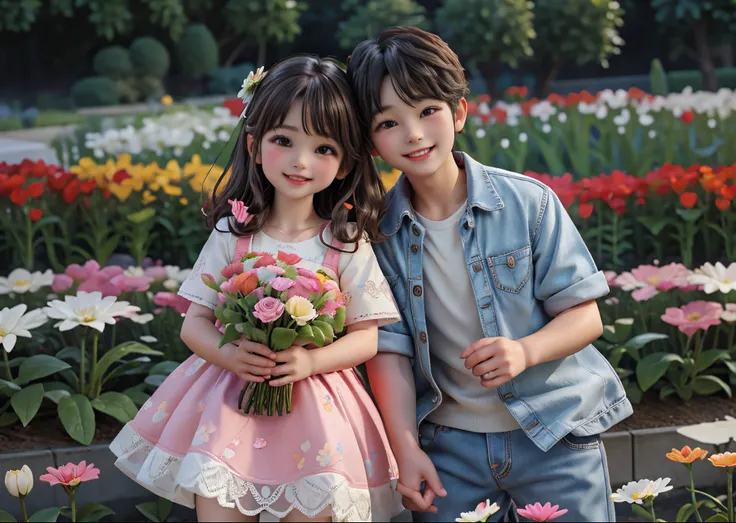 （（5 year old boy and 5 year old girl））、a couple、the girl has a bouquet of flowers、Wearing childrens clothing、huge smile、In the flower garden、Playing、Perfect litthing、high-detail、high-level image quality、High color rendering、hight resolution、A hyper-realist...