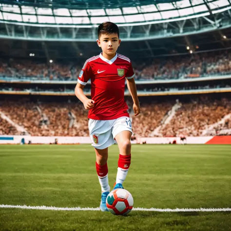 There is a little boy playing football on the field, Kids the, Kirill Kotashevs style, Portrait shooting, Official artwork, sunday, Shin Jung-ho, lifestyle, offcial art, by Emma Andijewska, inspired by Zou Yigui, real reality images, Nam Jae-yeon, looks ve...