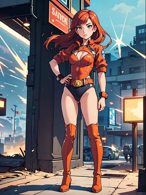 masterpiece, best quality, 1girl, superhero, leotard, bare legs, knee boots, matching boots, heroic, city backdrop, standing, body infused with energy, light particles, solo, single, cowboy shot, perfect anatomy, hand on hip, redhead, belt