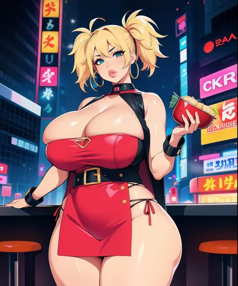 1girl,  (((bimbo))),(hoop earrings, puffy lips, painted lips, thick lips.:1.2) 
blonde hair, short twintails, wide hips, thick thighs, bursting breasts Nightlife, Night city, Cyberpunk city, futuristic cityscape. Neon lights, (skyscraper:1.1), Tokyo tower,...