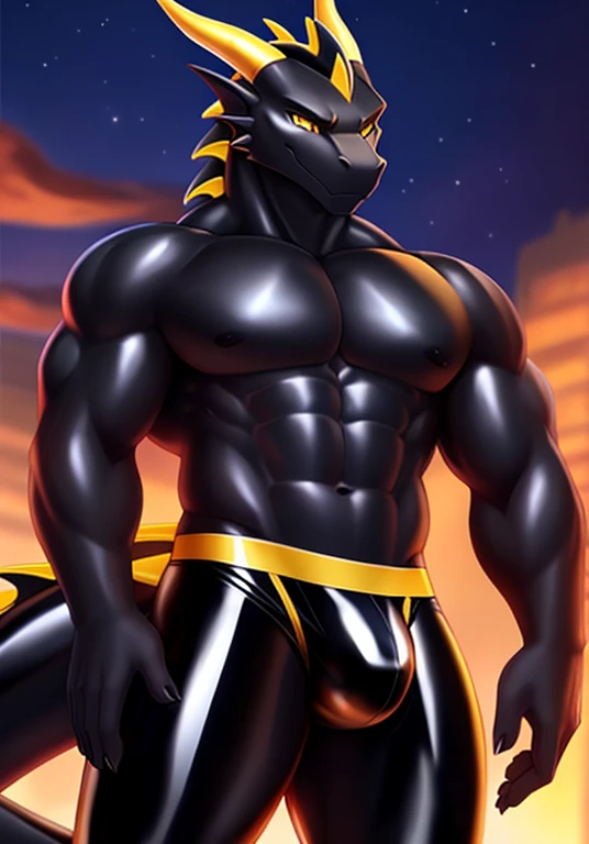 Black Anthro dragon with yellow eyes showing bulge in a tight latex speedo