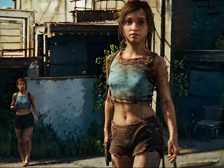 Solo, ellie williams, yoga shorts, crop top, brown hair, standing, light blue eyes, game (the last of us), full body, high quality, sun lights, photorealistic, best shadows, raw hdr