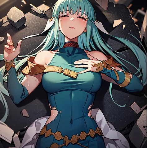 ninian is lovingly languid in a crater after losing a tough battle, lieing lifeless and inert on debris, rubble, and weapons wit...