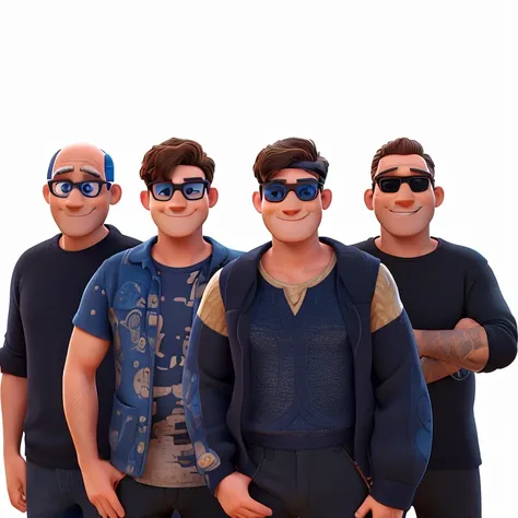 Disney Pixar 3D desenhos animados, 4 homens com 30 anos de idade, one of these men is bald, the other has hair with bangs on his forehead he wears blue glasses, 3 men are smiling showing their teeth, they wear black clothes and sunglasses.