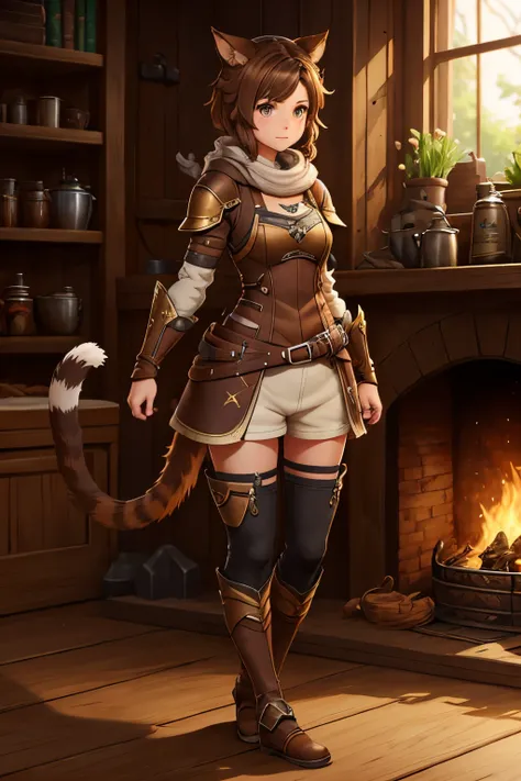 Brown hair, tom boy cat lady with amber eyes, tinker armor, working on mechanics, miqote, have a brown tail, full body