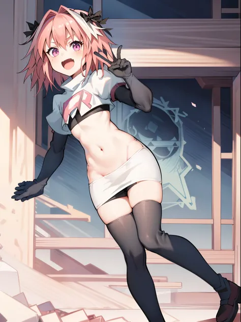 absurdres, masterpiece, best quality, (astolfo fate:1.2155), 1boy, male focus, trap, pink multicolored hair, pink hair, white hair, hair intakes, long hair, pink detailed eyes, crossdressing,1boy,team rocket,team rocket uniform,white skirt,crop top,black t...