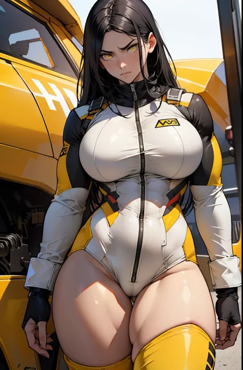 (((1 girl))) angry very long hair pale skin black hair yellow eyes (((muscular thick thighs huge breasts))) bodybuilder pilot suit bodysuit