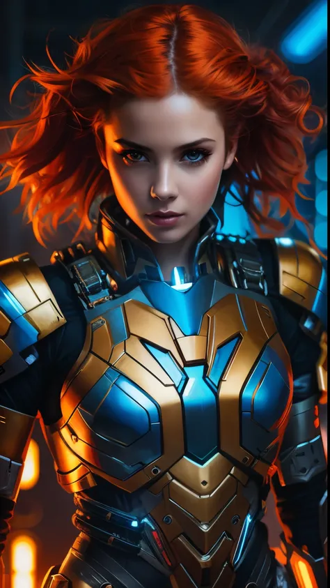 un primer plano de una mujer con un traje futurista y cabello rojo, girl in mecha cyber armor, Chica con armadura de caballero, Cibertrajes, Chica armadura, Cyberpunk pelirroja femenina, Cibertraje, sci-fi female, Retrato Hermosa Sci - FI Girl, Hermosa chi...