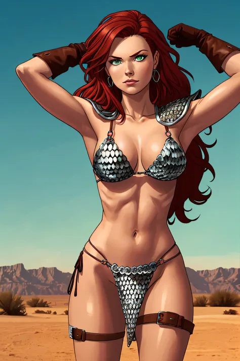 red hair, long red hair, thigh strap, armor, chainmail, armored bikini, brown gloves, red sonja, green eyes, showing armpits, raised arms, arms up, arms behind head, posing, solo, masterpiece, armpits, chainmail bikini, groin, desert background, arid atmos...