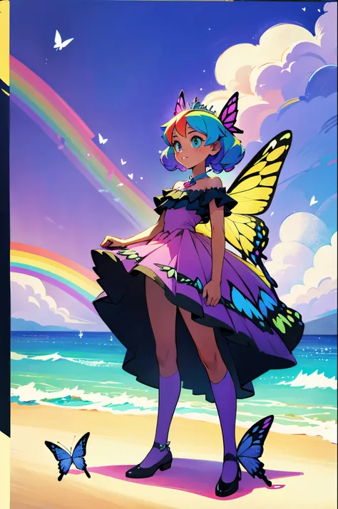 rainbow butterfly princess standing on a beach