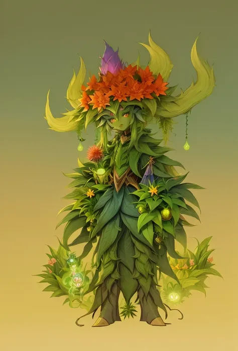 there is a digital painting of a woman with a flower head, flower shaman, elf girl wearing an flower suit, nature druid, humanoid flora, forest dryad, tree druid, fey queen of the summer forest, a plant monster, plant spirit, goddess of nature, art deco fl...