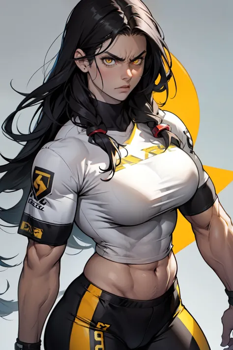 ((1girl)) pale skin large breasts (muscular) toned body thick thighs black hair yellow eyes (long hair grey background) bodybuilder angry tight shirt