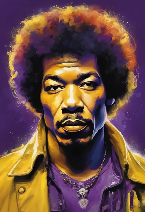 painting of a man with a purple hair and a yellow jacket, jimi hendrix, jimi hendrix style poster, jimi hendrix full body, art of alessandro pautasso, jimi hendrix full body shot, by Dave Arredondo, epic portrait illustration, masterpiece work of art, styl...