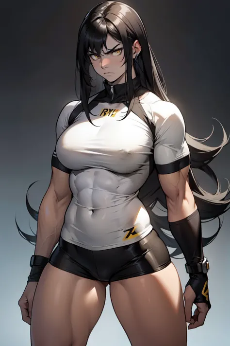 ((1girl)) pale skin large breasts (muscular) toned body thick thighs black hair yellow eyes (long hair grey background) bodybuilder angry tight shirt