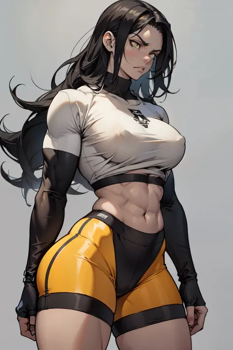 ((1girl)) pale skin large breasts (muscular) toned body thick thighs black hair yellow eyes (long hair grey background) bodybuilder angry tight shirt