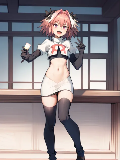 absurdres, masterpiece, best quality, (astolfo fate:1.2155), 1boy, male focus, trap, pink multicolored hair, pink hair, white hair, hair intakes, long hair, pink detailed eyes, crossdressing,1boy,team rocket,team rocket uniform,white skirt,crop top,black t...