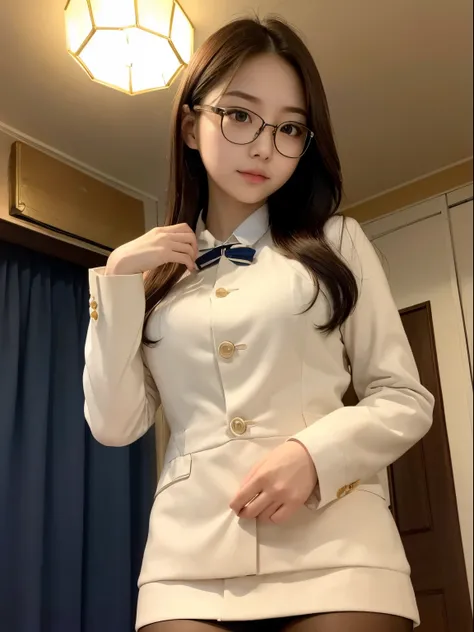 (Best Quality, Ultra-detailed, Golden ratio, masutepiece:1.2), theatrical lighting:0.7, Photo of 18-year-old Riga Hyun Korean woman in uniform,Female Lesbian, face perfect, (highlydetailed skin), Randomly colored hair, Hide your mouth with your hands、Ridic...