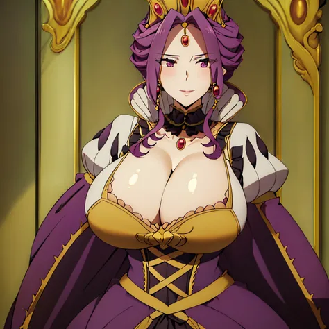 mirellia_q_melromarc, milf, 1girl, alone, standing, (huge breasts), dress, cleavage, (skindentation), juliet_sleeves, crown, collar,
purple_hair, purple_eyes, lips, jewelry, earrings
embarrassed, smile, castle,