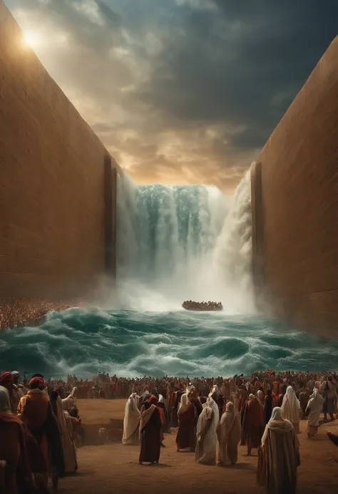 Moses&#39; Exodus and 600,000 people々There are huge walls of water on both sides.、A large crowd is passing through the water wall.