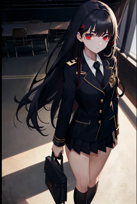 1girl, long navy hair, one red eye, one black eye, black academy uniform, classroom, standing on ground, high res, ultra sharp, 8K, masterpiece