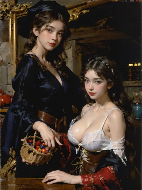 2 girls，（(((A mature woman)))，(Clothes are torn and exposed :1.4)，Expose tiny underwear， red capelet，Red hat，laced dress，redhood, capes, Big breasts corset, a skirt, reddress，Carrying a basket of fruits，Background with：exteriors，natural  lightting, Candy  ...