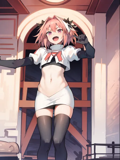 absurdres, masterpiece, best quality, (astolfo fate:1.2155), 1boy, male focus, trap, pink multicolored hair, pink hair, white hair, hair intakes, long hair, pink detailed eyes, crossdressing,1boy,team rocket,team rocket uniform,white skirt,crop top,black t...