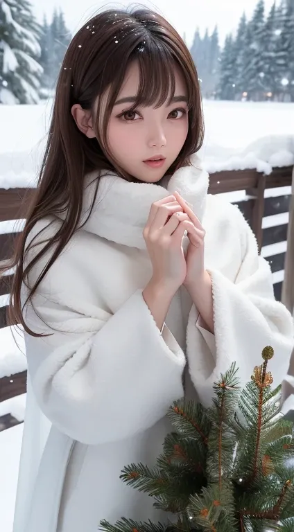 1womanl, up of face, light brown hair, Blunt bangs, hair behind ear, hair over shoulder, Long hair, slender body shape, Ultra Fine Face, Thin face, Delicate lips, Beautiful eyes, thin blush, eyes are light brown,View here, Ultra-thin hands, Ultra-fine fing...