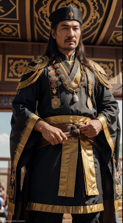 Generate a captivating 8K image depicting Emperor Genghis Khan adorned in traditional Mongolian imperial clothing, standing before an audience. Pay meticulous attention to hyperrealistic details in Khans attire, capturing the intricate designs and symbols ...