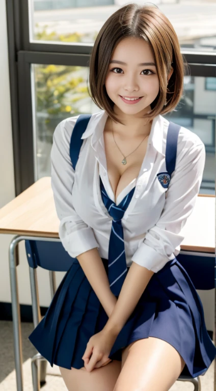 Best Quality, japanaese girl, 8K, Raw photo, top-notch quality, 1 beautiful Japanese girl, 18 years old,Japanese Idol, gals、Short-cut hairstyles、Tempting smile、Fluttering chest、large full breasts、Cleavage of、Emphasize、Overflow from uniform、medium breasts, ...