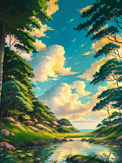 A heartwarming retro anime-inspired of a beautiful tropical hill woods, distance rice field and coconut tree, style of Studio Ghibli and Hayao Miyazaki, detail lines