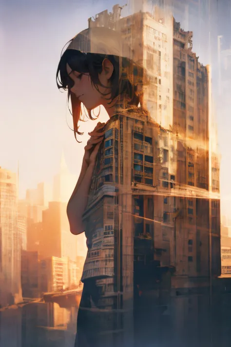 Praying Girl, ruin city, double exposure