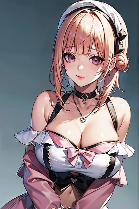 masterpiece, best quality, highres, hs1, light pink eyes, bare shoulders, long sleeves, cleavage, (blonde hair), short hair, scene hair, blunt bangs, pink streaks in hair, (streaky hair), bowtie, red ribbon, huge breasts, cowboy shot, from above, headband,...