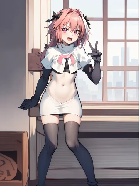 absurdres, masterpiece, best quality, (astolfo fate:1.2155), 1boy, male focus, trap, pink multicolored hair, pink hair, white hair, hair intakes, long hair, pink detailed eyes, crossdressing,1boy,team rocket,team rocket uniform,white skirt,crop top,black t...