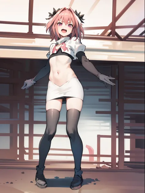 absurdres, masterpiece, best quality, (astolfo fate:1.2155), 1boy, male focus, trap, pink multicolored hair, pink hair, white hair, hair intakes, long hair, pink detailed eyes, crossdressing,1boy,team rocket,team rocket uniform,white skirt,crop top,black t...