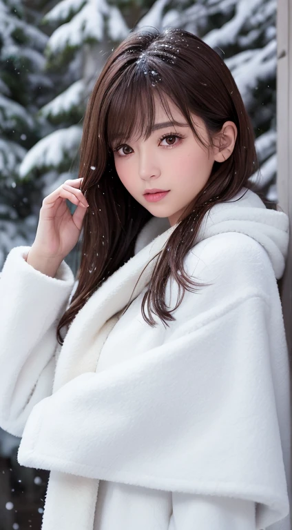 1womanl, up of face, light brown hair, Blunt bangs, hair behind ear, hair over shoulder, Long hair, slender body shape, Ultra Fine Face, Thin face, Delicate lips, Beautiful eyes, thin blush, eyes are light brown,View here, Ultra-thin hands, Ultra-fine fing...